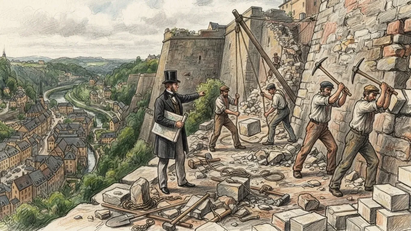 A coloured pencil drawing of workmen with picks demolishing a fortress wall above the town and its river, an engineer in a top hat directing them.