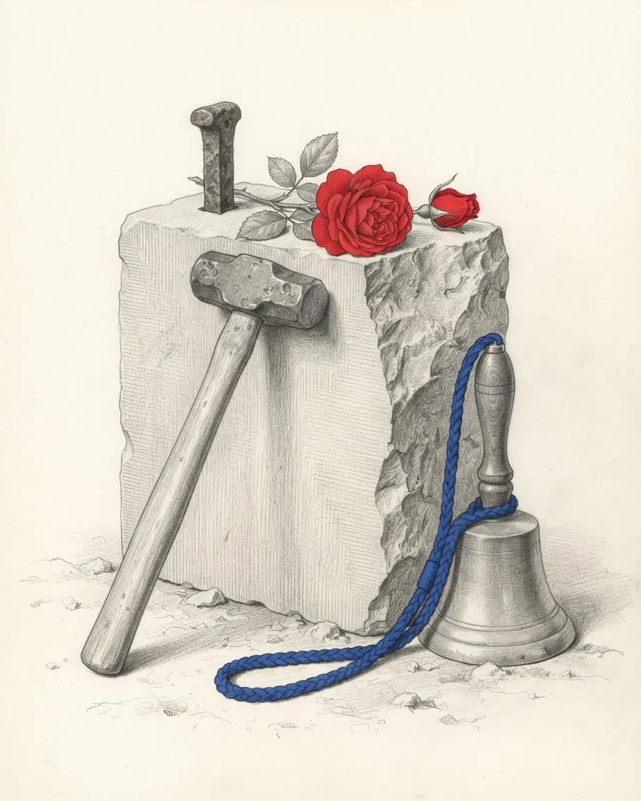 A graphite still life: a squared stone block with a hammer and chisel, a red rose lying on top and a bell with a blue cord.