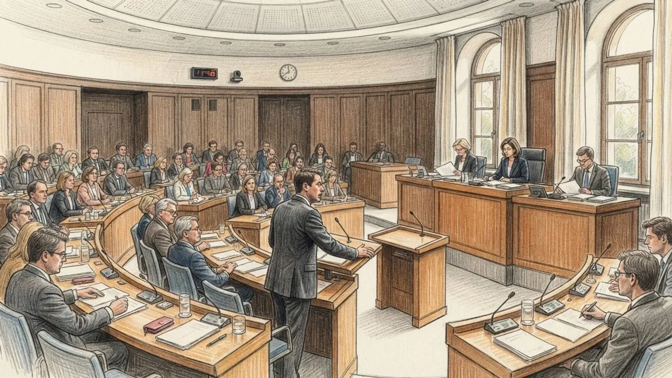 A coloured pencil drawing of a parliament chamber in session, members at curved wooden desks while one speaks from the lectern.