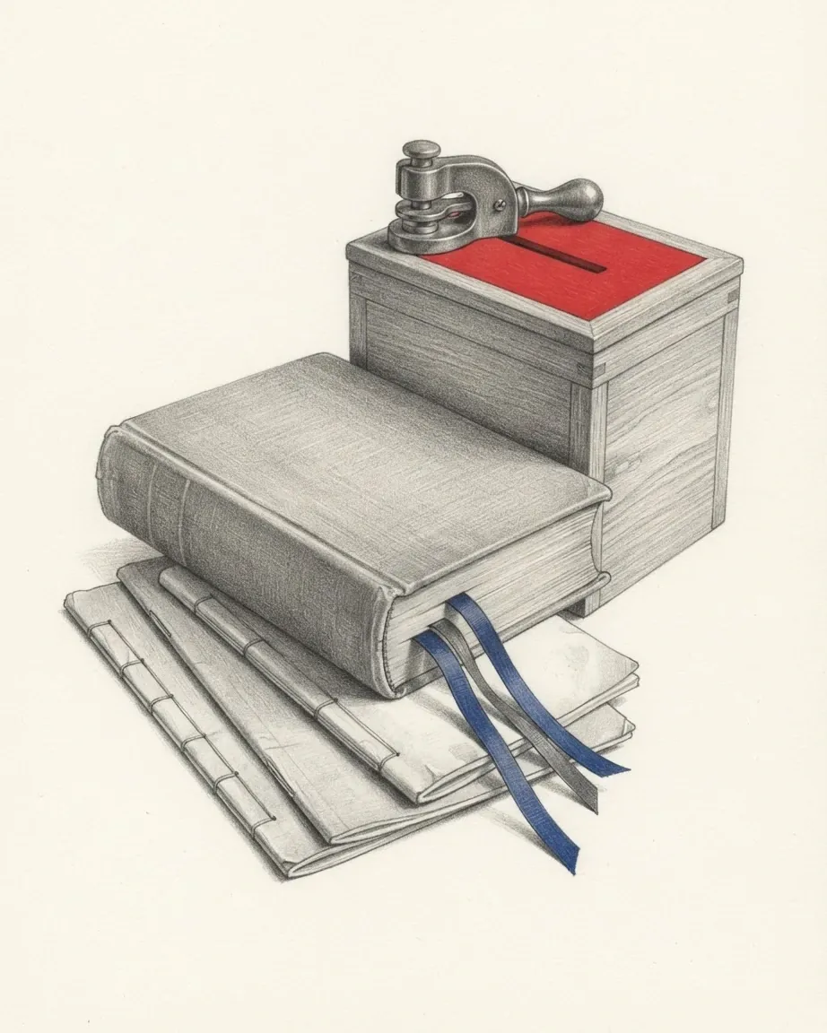 A graphite still life: a ballot box with a red lid and a stamp on top, a bound book with blue ribbon markers and loose papers beneath.