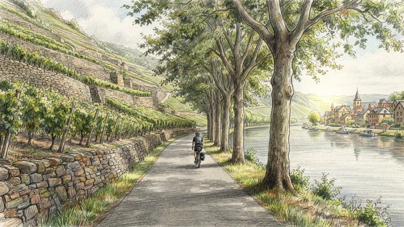 A coloured pencil drawing of a cyclist on a tree-lined path along the Moselle, terraced vineyards on the slope and a village across the water.