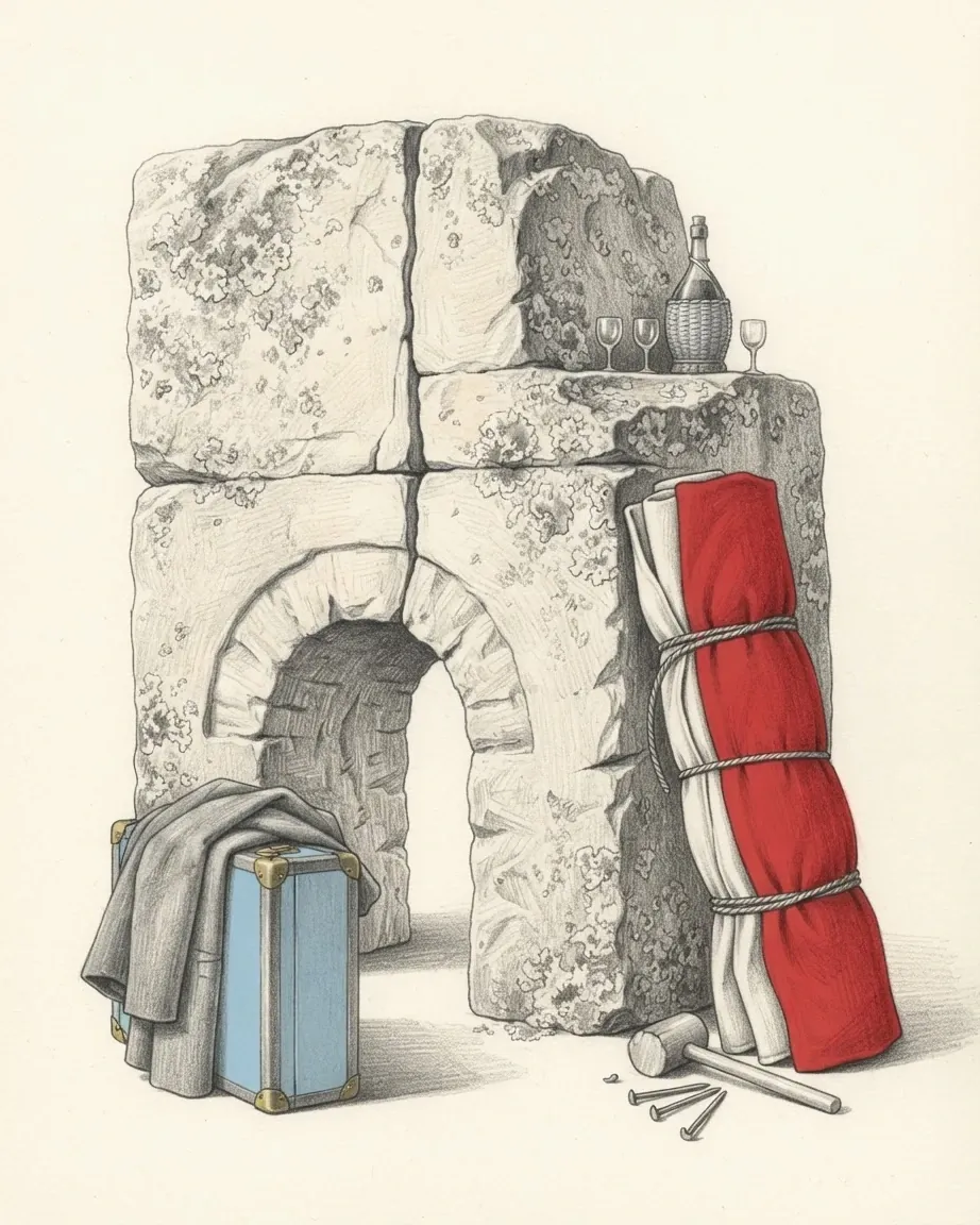 A graphite still life: a stone archway fragment with a red rolled blanket strapped to one side, a small blue travel case and walking gear at its foot.