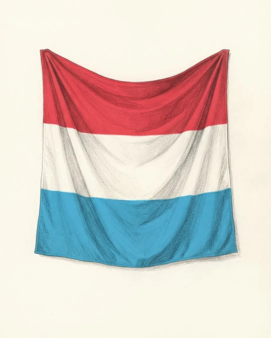 The flag of Luxembourg drawn as a hanging cloth in graphite and coloured pencil, its red, white and light blue bands falling in folds.