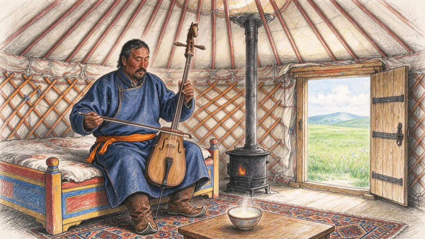 A herder in a blue deel and orange sash plays a horse-head fiddle on a painted bed inside a ger, a stove beside him and the door open onto grassland.