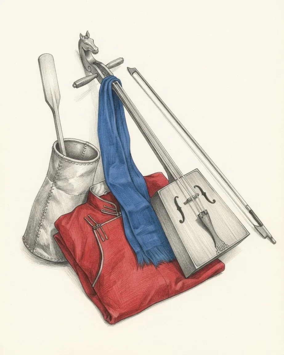A graphite still life: a horse-head fiddle with its bow, a folded red silk robe with a blue sash and a white leather vessel with a ladle.