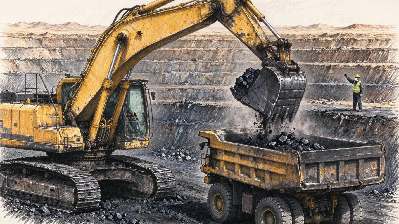 An excavator tips a bucket of coal into a dump truck on the floor of an open-pit mine, a worker in a hard hat signalling from a bench above.