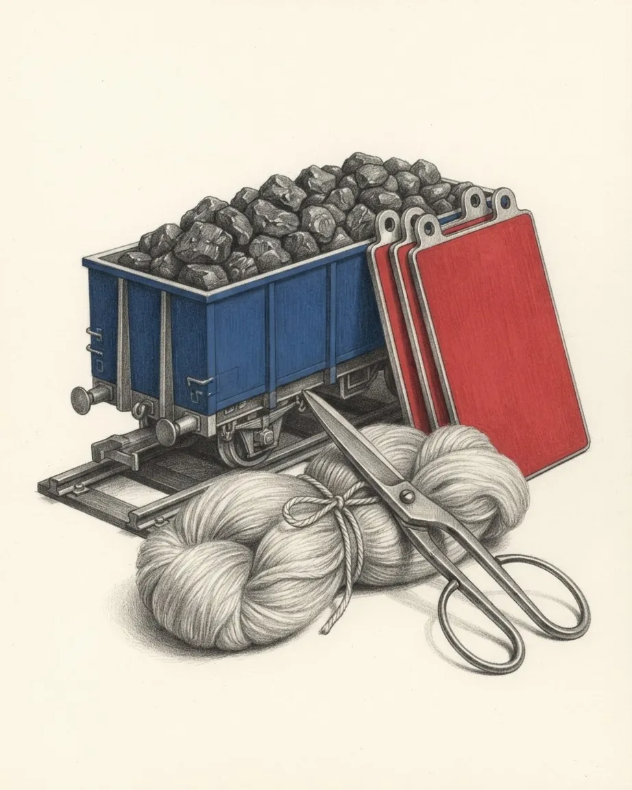 A model railway wagon heaped with coal, blue on its sides, with red card covers leaning against it, a skein of wool and a pair of shears in front.