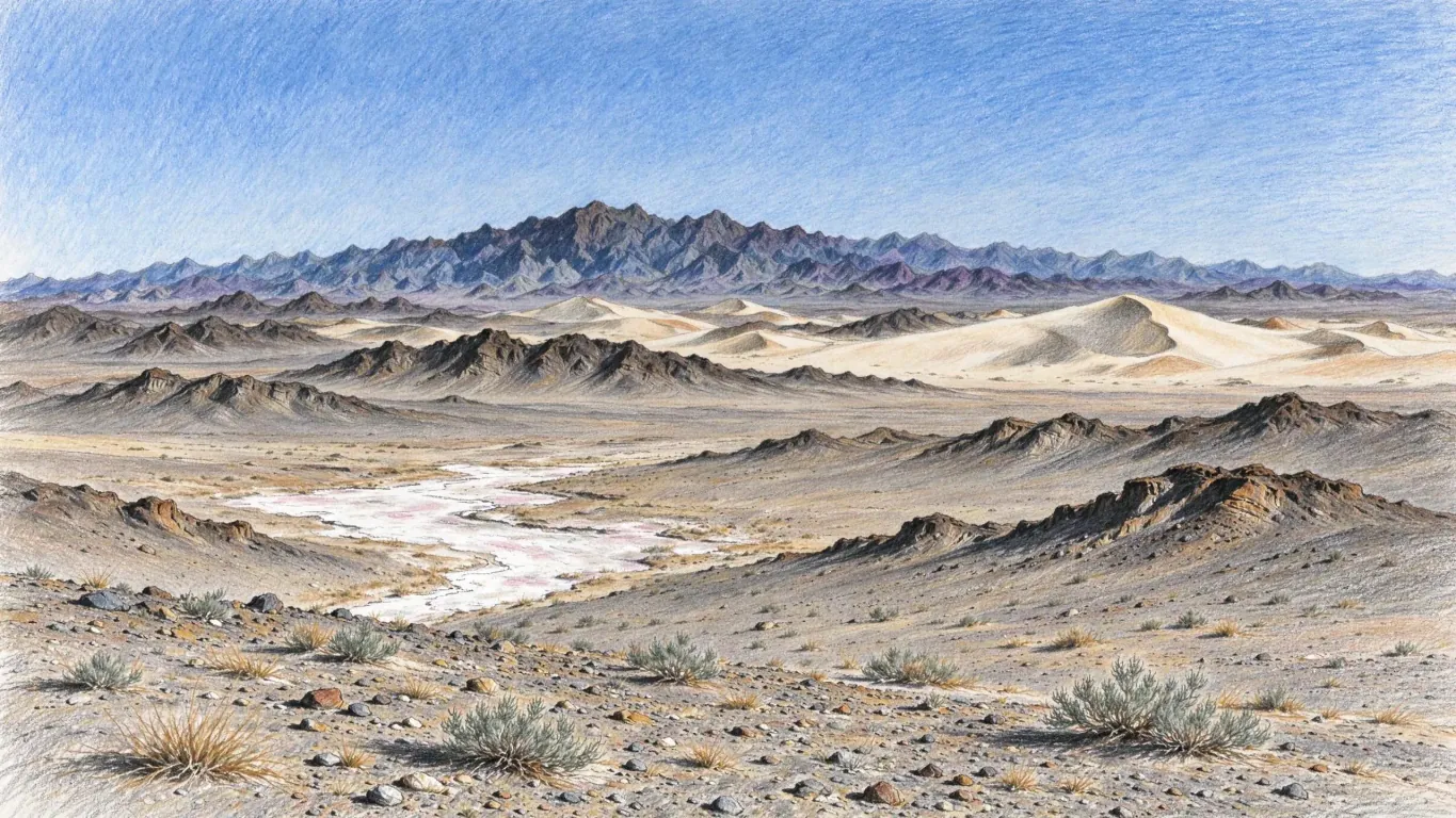 A coloured pencil panorama of the southern Gobi: gravel plains, low dark ranges, pale dunes and a white salt pan under a clear blue sky.