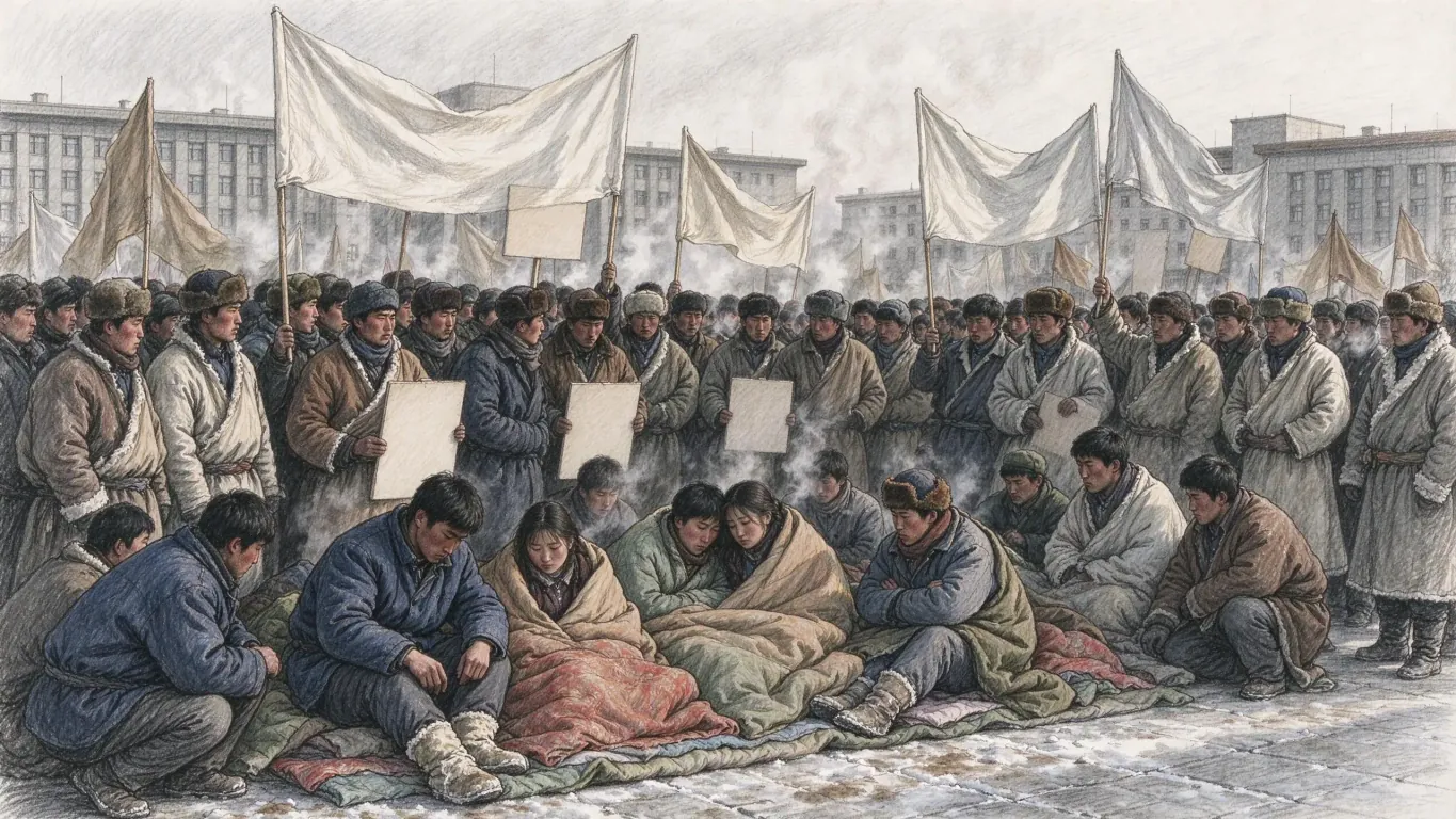 Hunger strikers wrapped in quilts sit on a frozen square while a large crowd in fur hats and padded coats stands around them holding blank banners, concrete buildings behind.