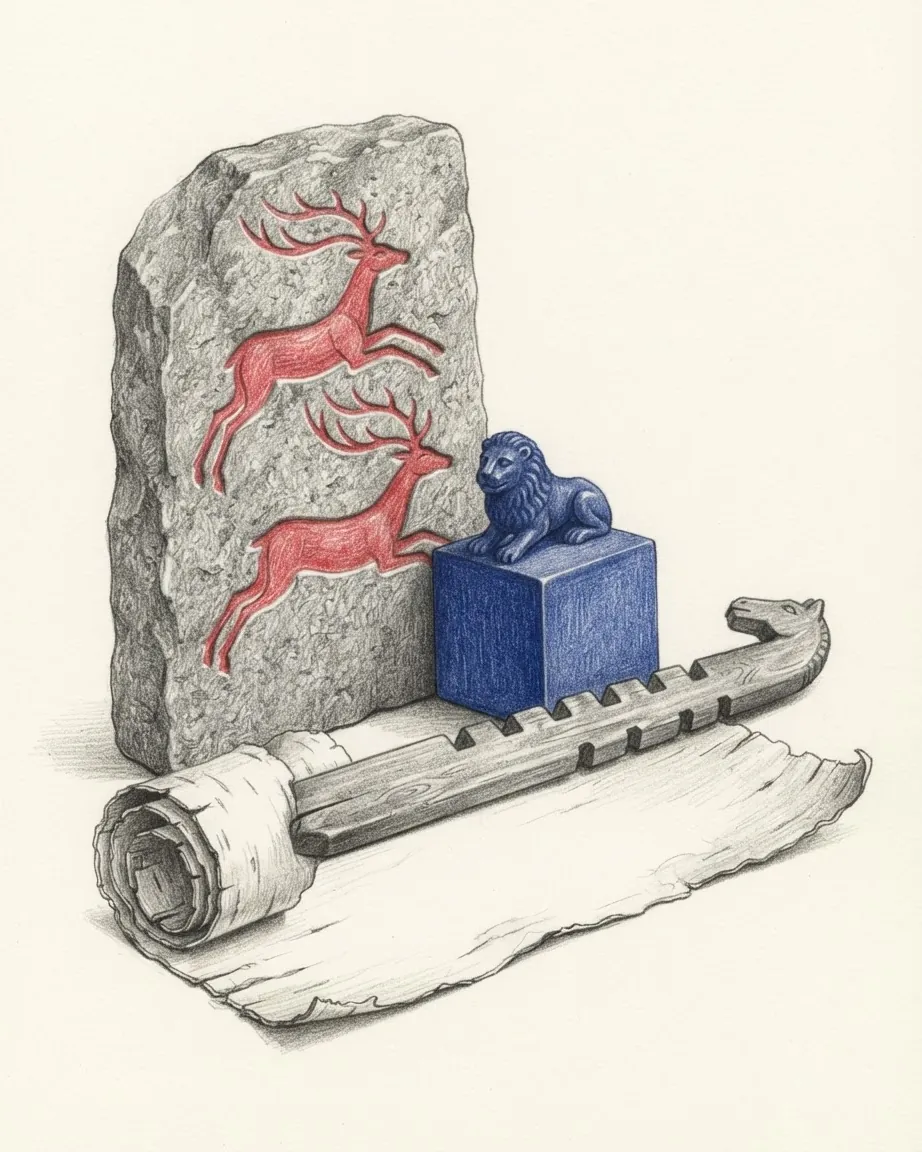A graphite still life: an upright granite slab carved with leaping stags picked out in red, a blue square seal with a lion on its handle, and a rolled scroll on a wooden rod in front.