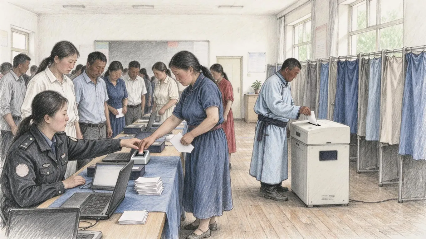 Voters queue at a long table in a school hall where officials check fingerprints on a reader, a woman in a deel at the counting machine and curtained booths along the wall.