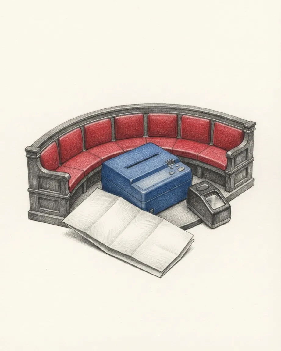 A wooden model of a parliamentary chamber with one curved row of red upholstered benches, a blue ballot box and a folded ballot paper in front.