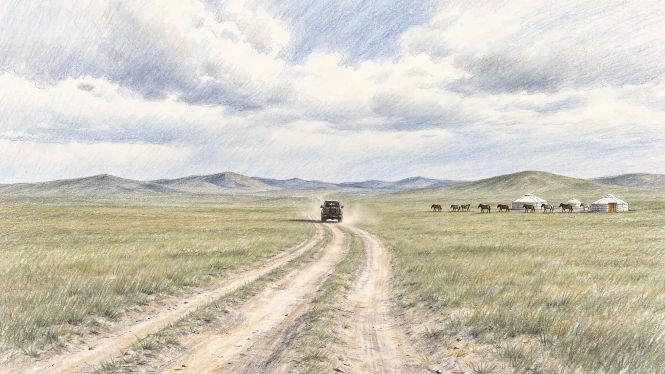 Parallel dirt tracks run straight across open steppe towards low hills, a single vehicle in the distance and gers and horses far off to one side.