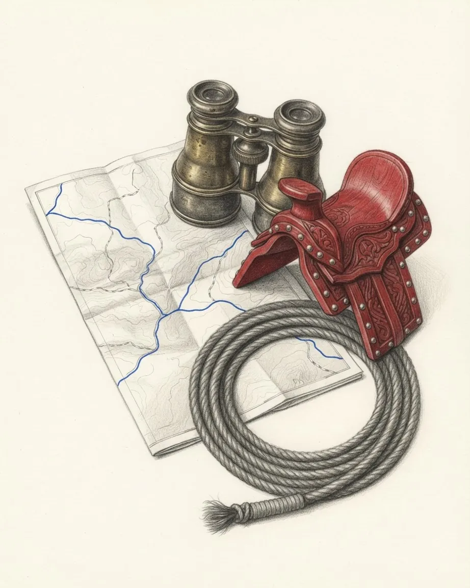 A folded paper map with thin blue tracks, a pair of brass binoculars, a red decorated saddle and a coiled rope.