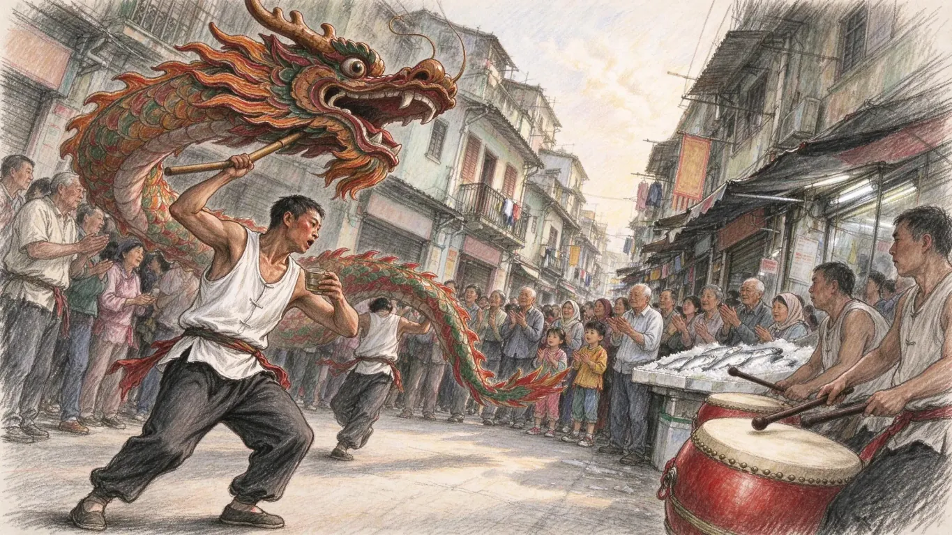 A man in a vest leaps with a carved dragon on a pole through a crowded old street, drummers beating a large red drum beside him.
