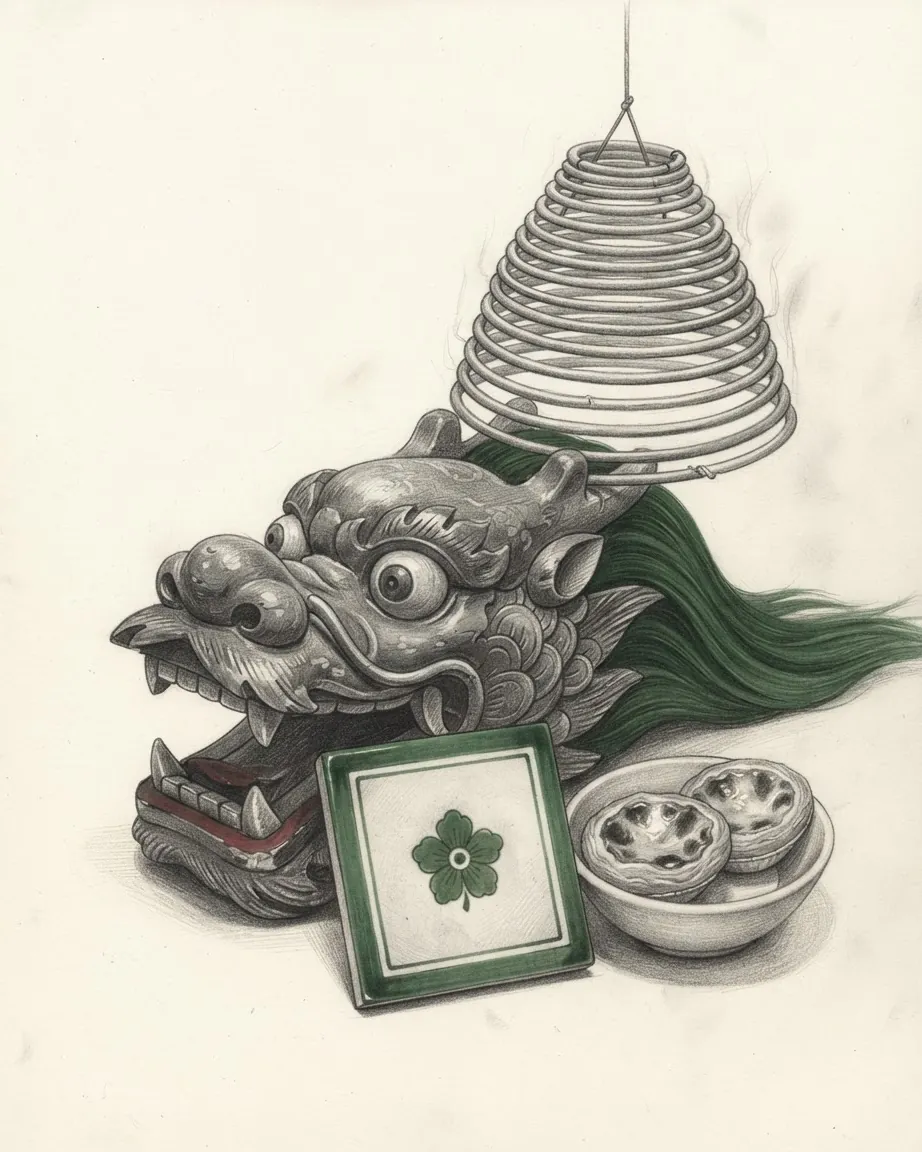 A graphite still life: a carved dragon's head from a street dance with a green mane, a hanging spiral incense coil, a tile and a dish of egg tarts.