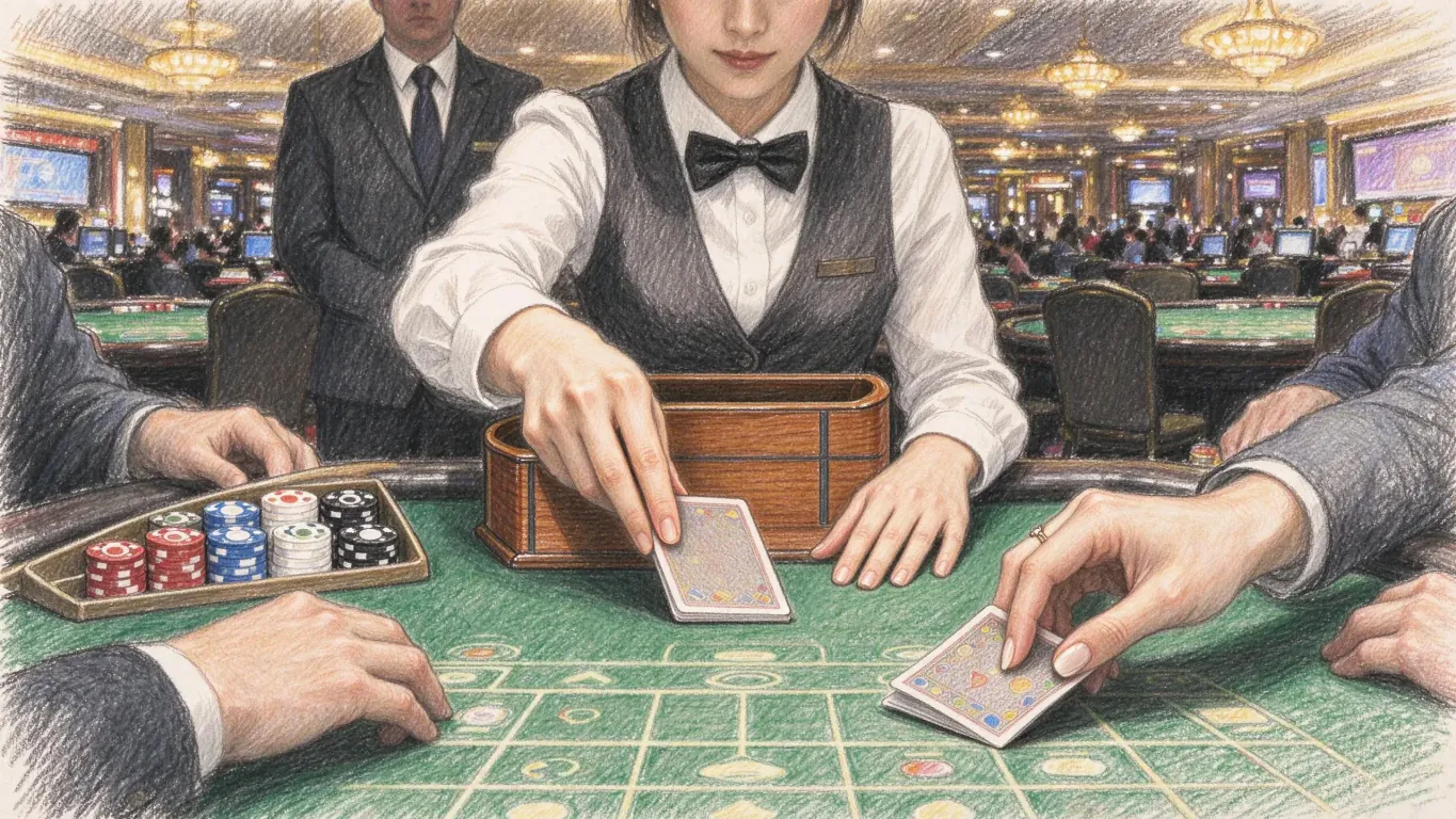 A croupier in a waistcoat and bow tie deals cards from a shoe at a green baccarat table, players' hands at the edges and the casino floor behind.