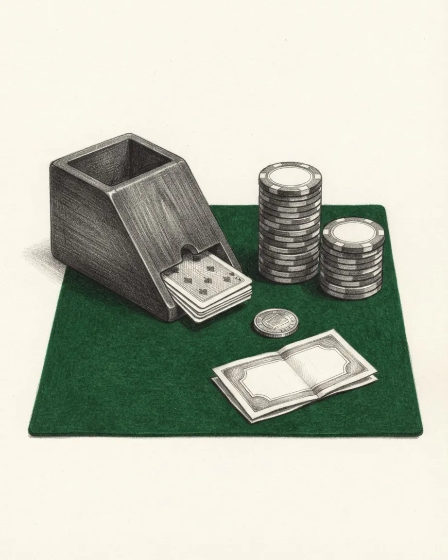 A wooden card shoe, stacks of gaming chips and a playing card on a square of green baize.