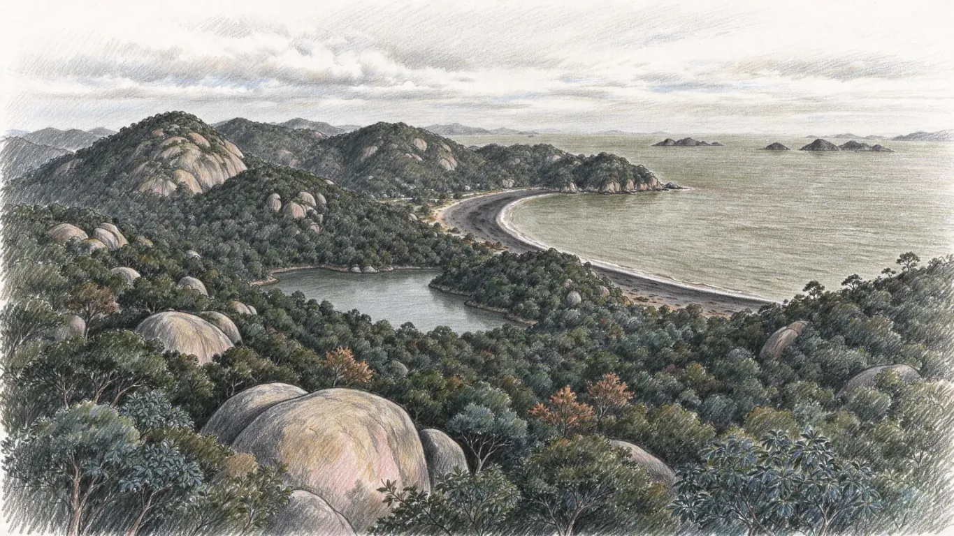 A coloured pencil view from wooded granite hills over a reservoir and a curving sandy beach, islands scattered out to sea.
