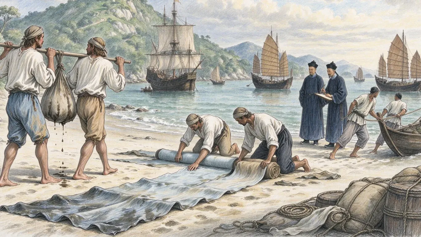 On a beach, porters carry goods slung from poles and men unroll bales of cloth, two robed priests watching, with a Portuguese ship and Chinese junks offshore.