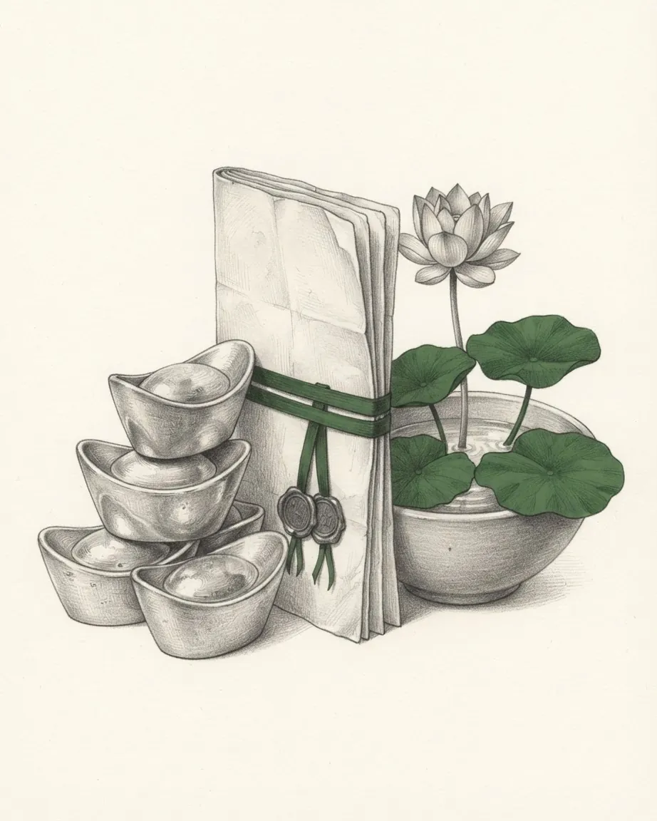 A graphite still life: a heap of boat-shaped silver ingots, a folded document tied with green ribbon and a lotus plant in a bowl.