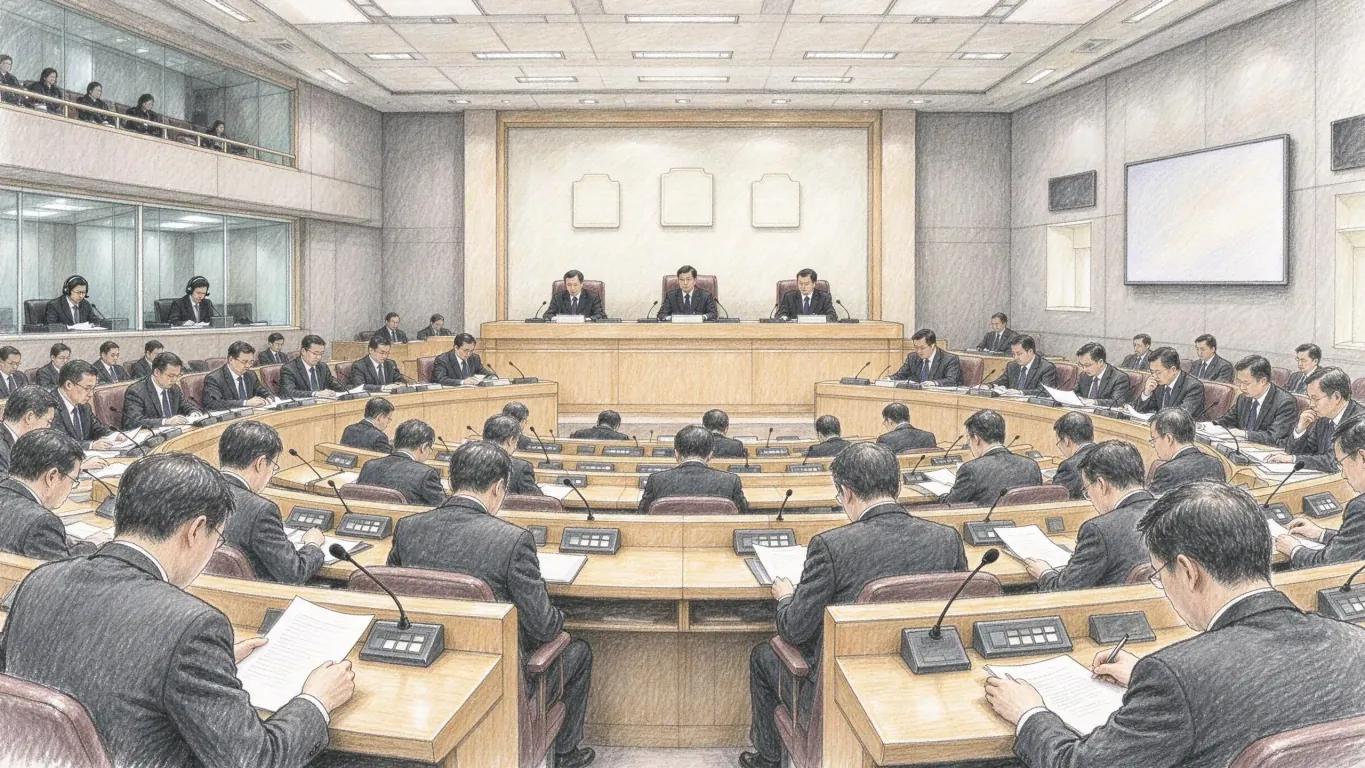 Legislators in dark suits read papers at curved desks with microphones in a modern assembly chamber, officials seated at the front.