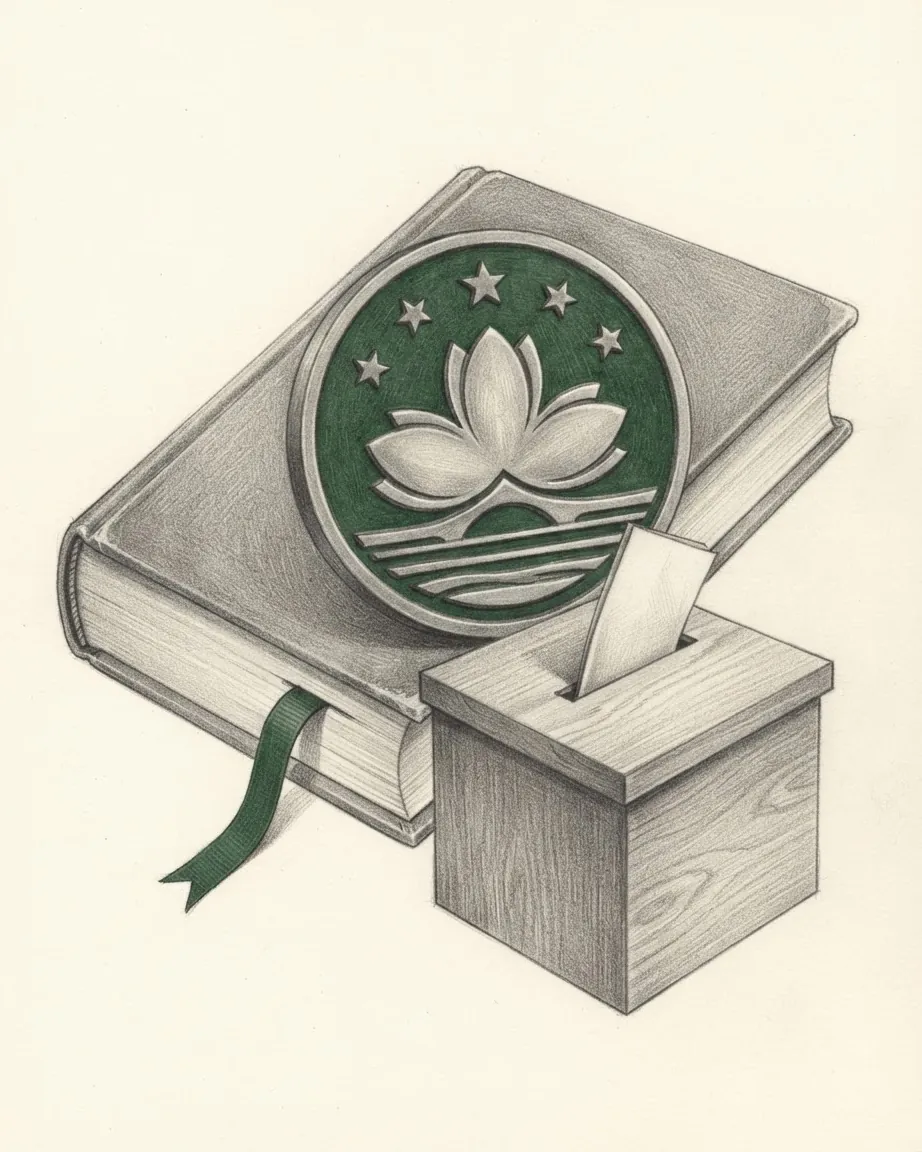 A thick law book with a green bookmark, the green regional emblem on a round medallion against it and a ballot box with a paper in its slot.