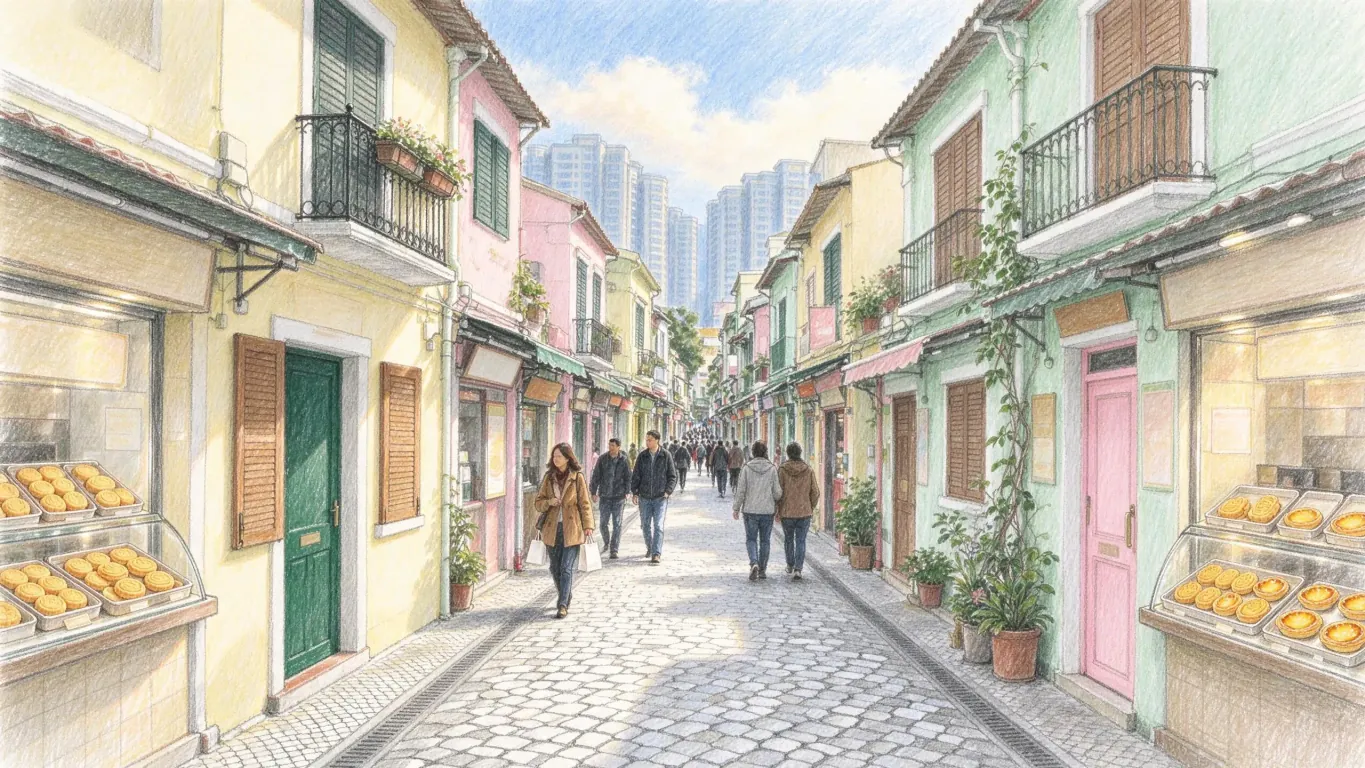 A cobbled lane between pastel-painted houses with green shutters and bakery windows full of egg tarts, people walking and high-rise towers beyond.