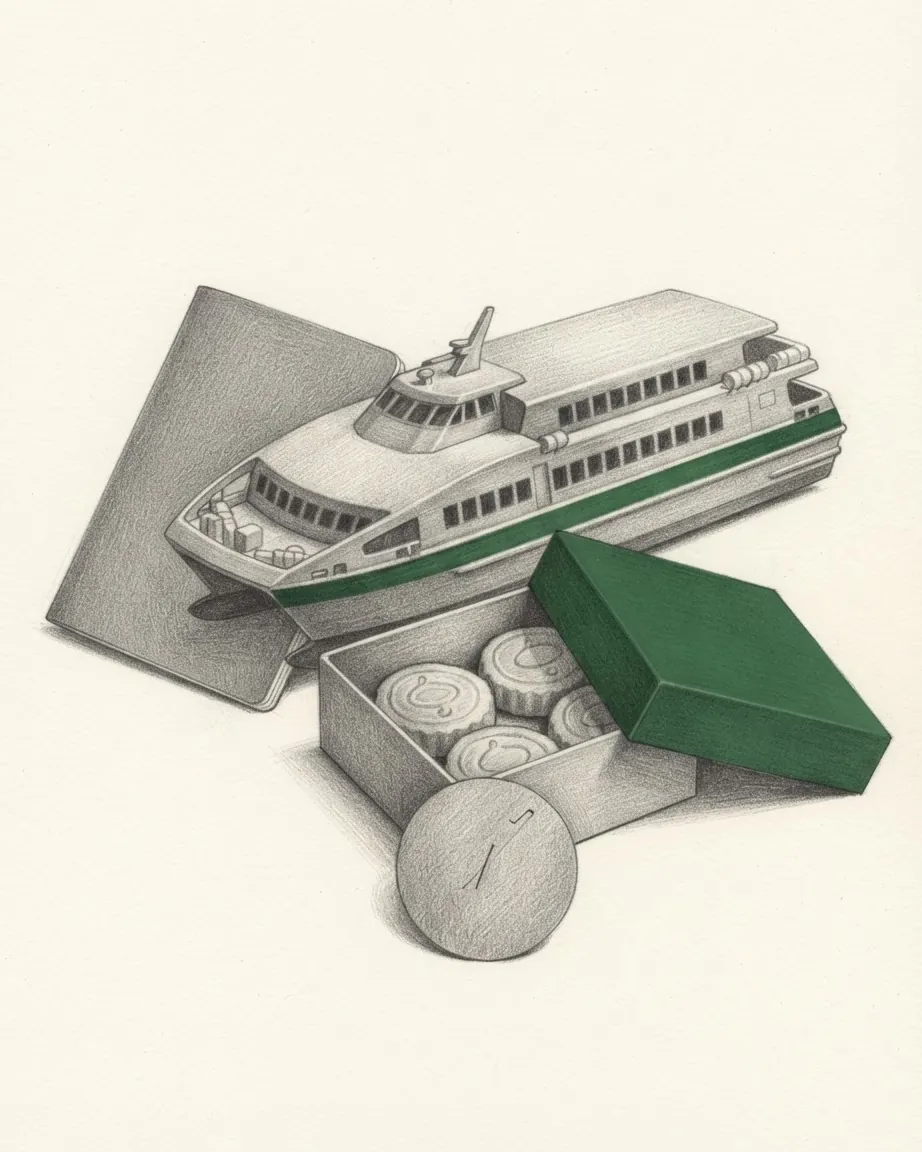 A model high-speed ferry with a green stripe, a box of almond cookies with a green lid and a passport.