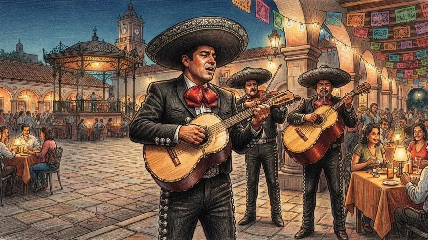 Coloured pencil drawing of a mariachi in a black charro suit with silver buttons, a wide embroidered sombrero and a red bow tie playing a vihuela in a town square at dusk, with violin and guitar players behind him and people at tables under strings of paper banners.