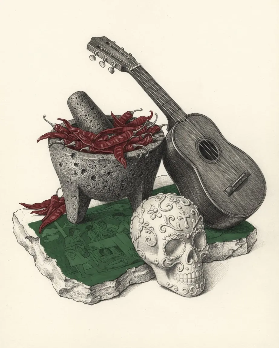 Pencil drawing of a basalt molcajete full of dried red chillies, a small round-backed vihuela, a broken fragment of mural plaster painted with figures on a green ground and a decorated sugar skull.
