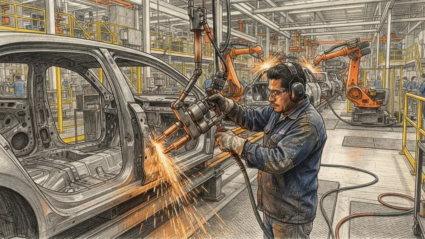Coloured pencil drawing of a worker in safety glasses, ear defenders and gloves holding a suspended spot-welding gun to a bare steel car body on an assembly line, sparks falling, with orange welding robots working further down the hall.