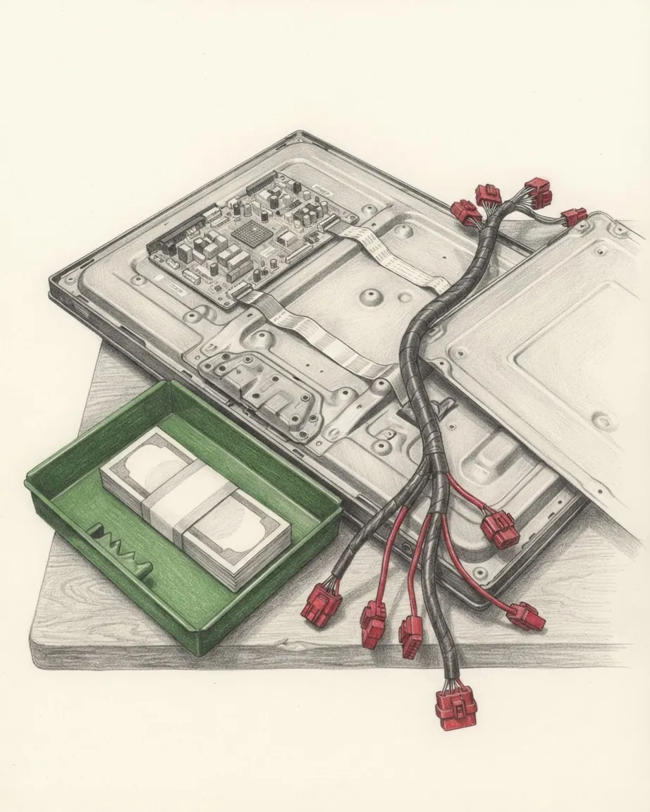 Pencil drawing of a flat-panel television chassis lying open with its driver board exposed, an automotive wiring harness with red plug housings draped across it and a green tray holding a banded stack of banknotes.