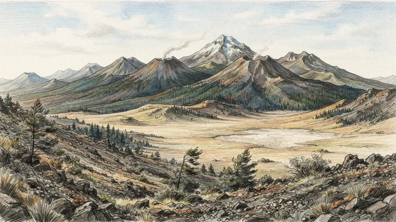 Coloured pencil drawing of a chain of volcanic cones rising beyond a pale highland basin, the tallest capped with snow and another trailing a thin plume, with pine and bunch grass on dark volcanic rock in the foreground.