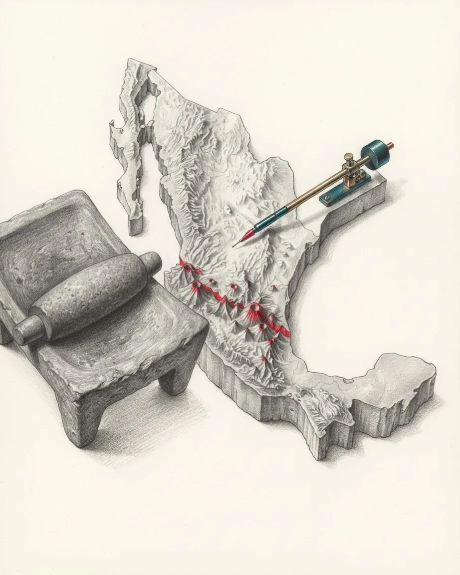 Pencil drawing of a relief model of Mexico with a red line of volcanic cones across its southern part, a metal scribing tool resting on it and a stone metate with its roller beside it.