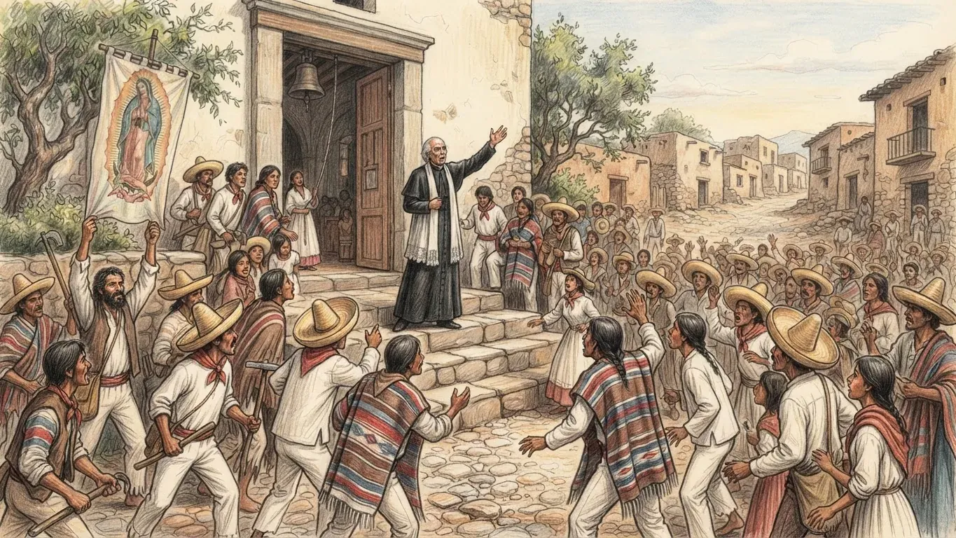 Coloured pencil drawing of a priest in a black cassock on the steps of a village church, one arm raised, addressing a crowd of townspeople in white cotton, straw hats and striped serapes, one of them holding up a banner of the Virgin of Guadalupe.