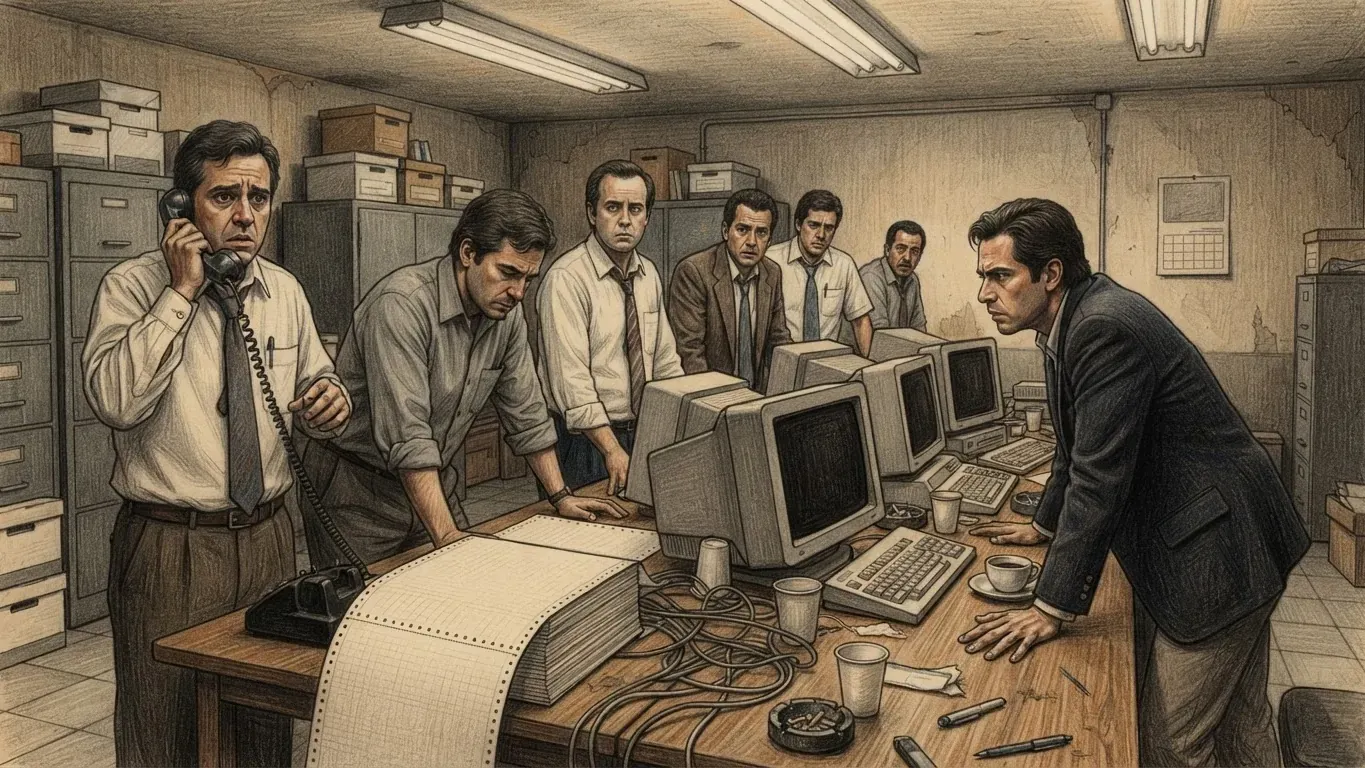 Coloured pencil drawing of officials in shirtsleeves and ties standing around a table of 1980s computer terminals with dark screens, one on the telephone, a long blank printout spilling off the table, in an office lit by strip lights.