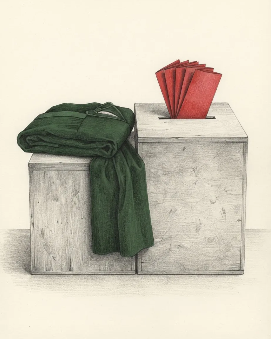 Pencil drawing of two plain wooden ballot boxes, one taller than the other, with a green judge's robe draped over the shorter box and a fan of red ballots standing in the slot of the taller one.