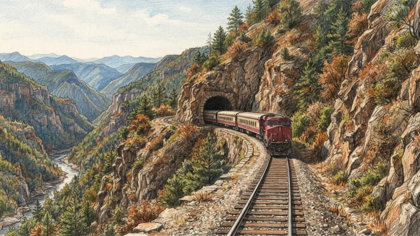 Coloured pencil drawing looking along a single railway track cut into a canyon wall, a red diesel locomotive and cream carriages coming out of a rock tunnel, with pine and autumn oak on the slopes and a river far below.