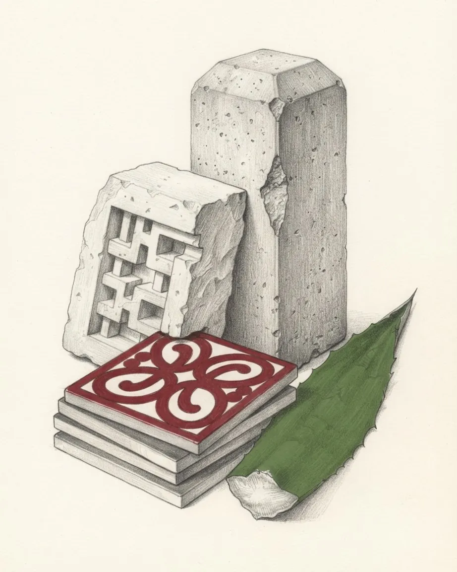 Pencil drawing of a weathered stone marker post, a broken limestone block carved with a stepped fret lattice, a stack of tiles with a red and white pattern on top and a cut green agave leaf.