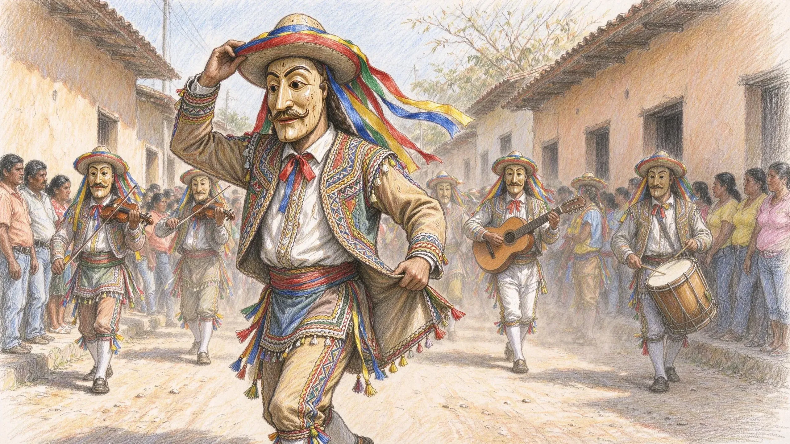 Coloured pencil drawing of a dancer in a pale wooden mask with a moustache and a hat trailing coloured ribbons, in an embroidered tasselled costume, leading masked violinists, a guitarist and a drummer down a dusty street lined with onlookers.