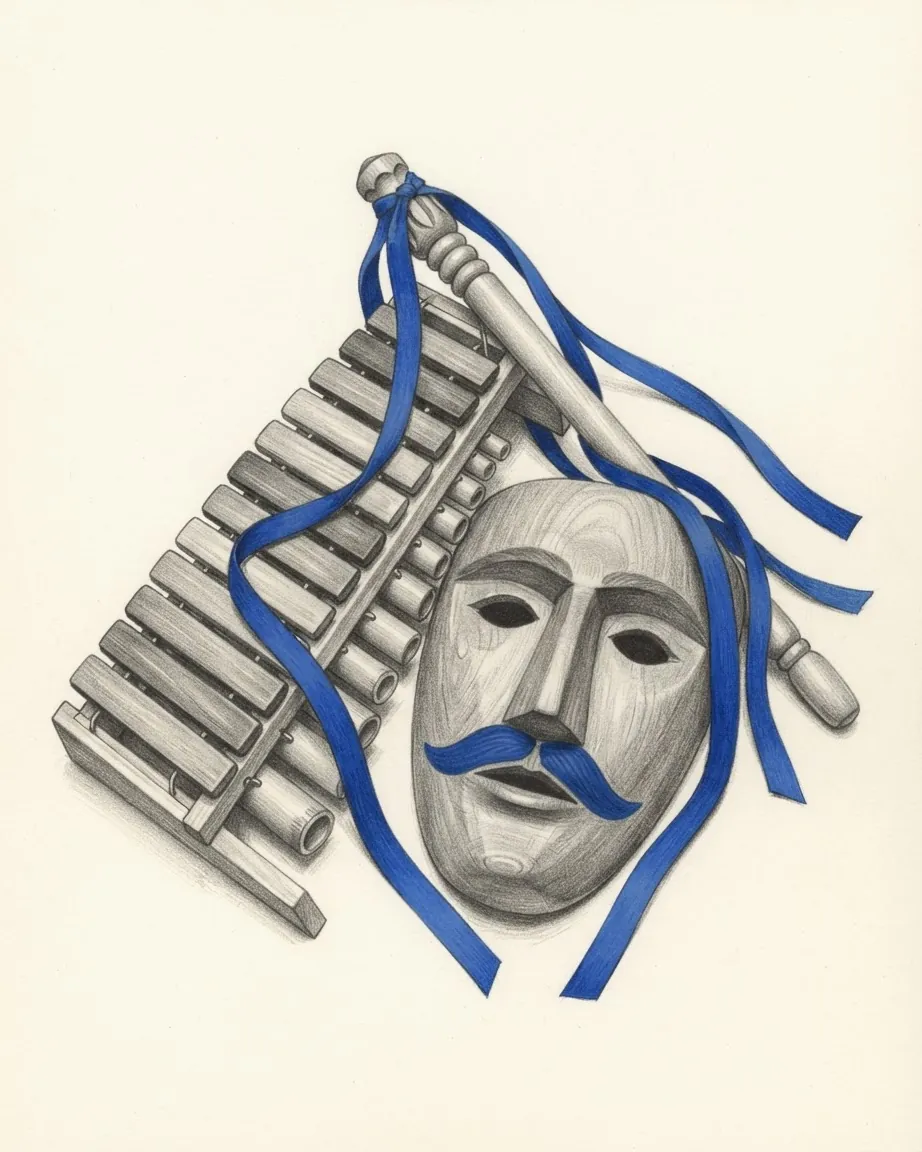Pencil drawing of a carved wooden mask with a blue moustache, a wooden marimba with bamboo resonators and a turned staff tied with long blue ribbons.