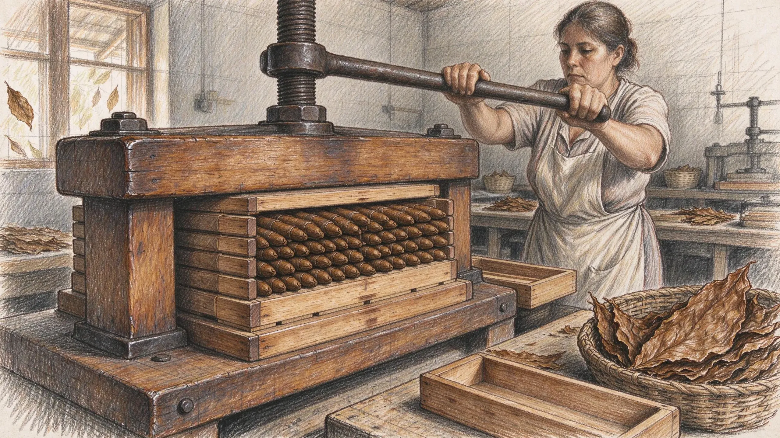 Coloured pencil drawing of a woman in an apron turning the iron bar of a wooden screw press packed with rows of cigars in moulds, with empty moulds and a basket of dried tobacco leaves on the bench beside her.