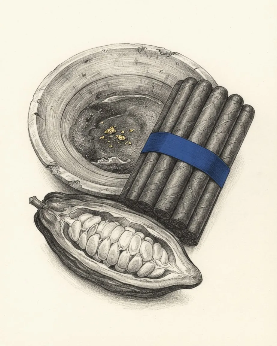 Pencil drawing of a worn wooden gold pan holding wet black sand with a few gold flakes, a bundle of cigars tied with a blue band and a split cacao pod full of pale beans.
