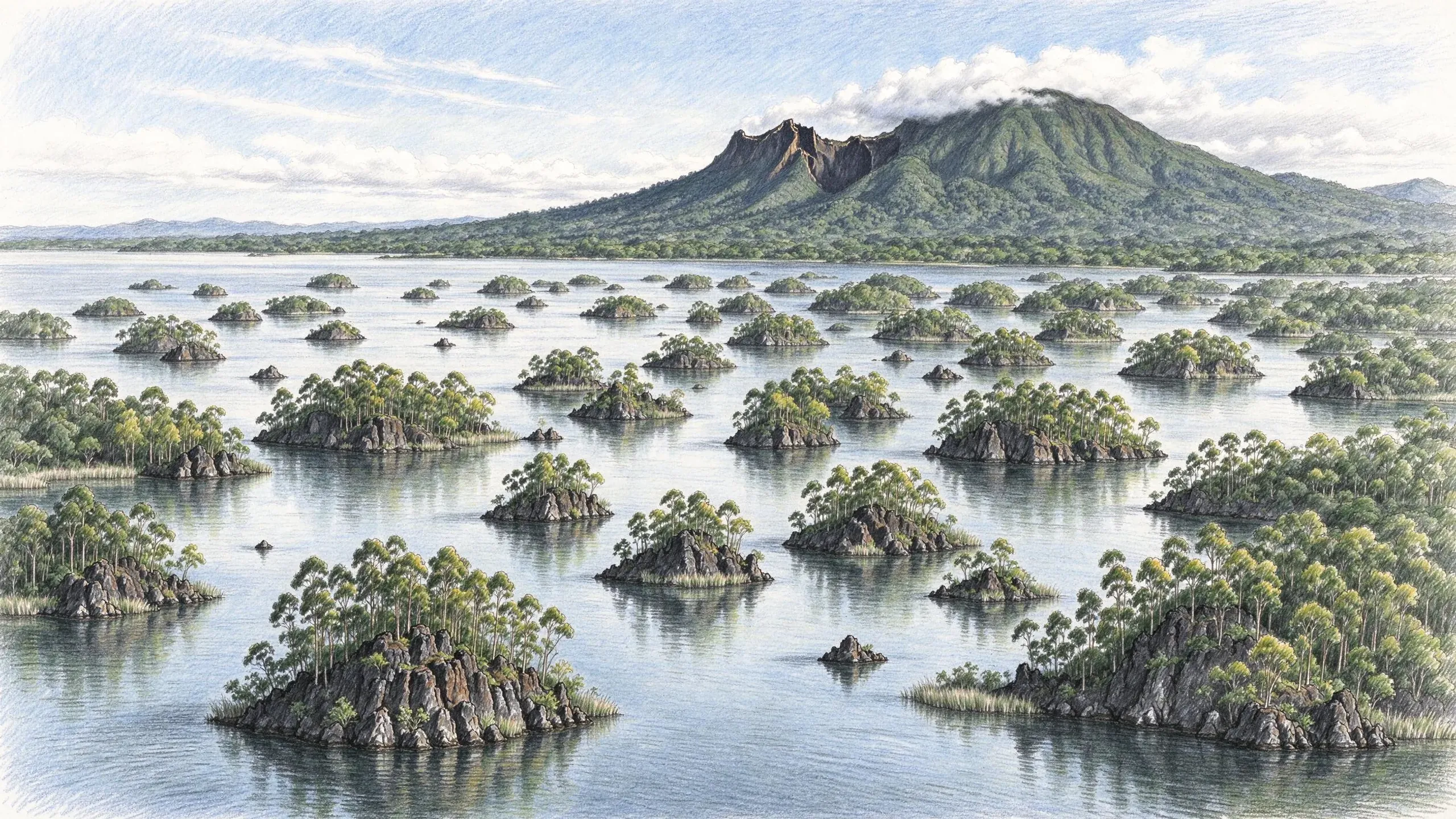 Coloured pencil drawing of dozens of small rocky islets crowned with trees scattered across a calm lake, below a large forested volcano with a broken crater rim and a cap of cloud.