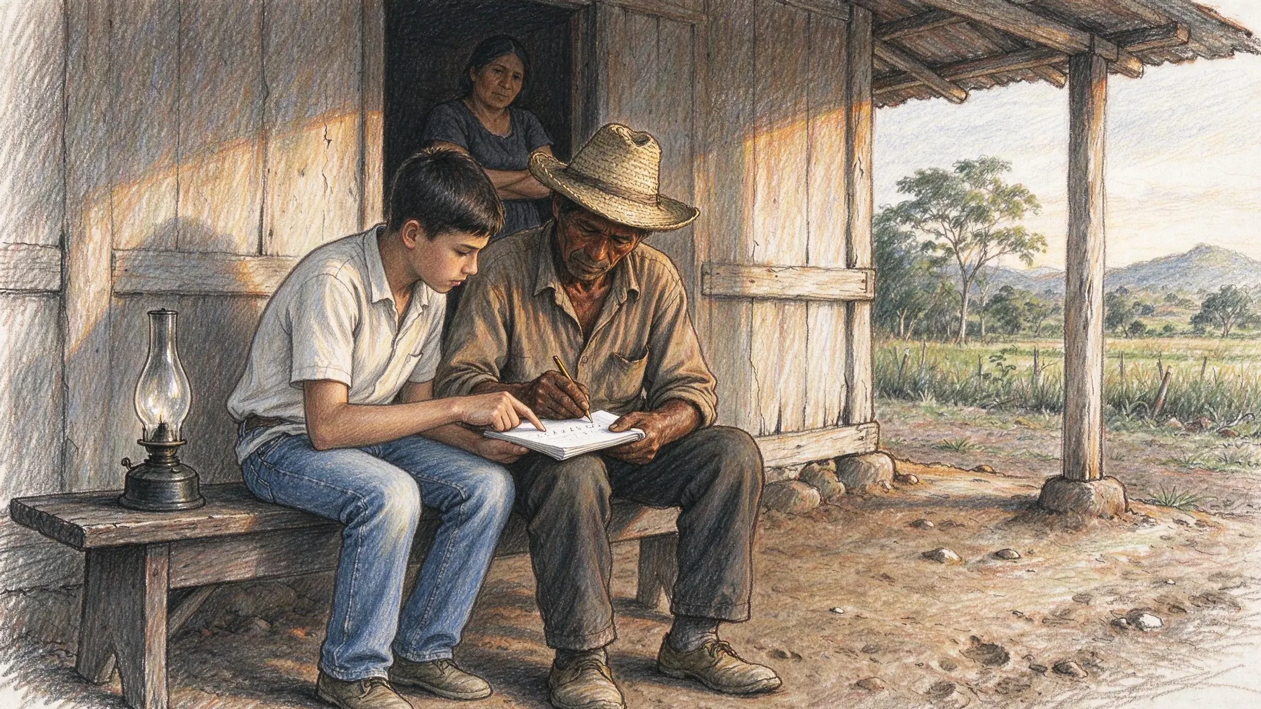 Coloured pencil drawing of a teenage boy in a white shirt pointing at a notebook while an older farmer in a straw hat writes in it, on a bench outside a wooden house with an oil lamp beside them and a woman watching from the doorway.