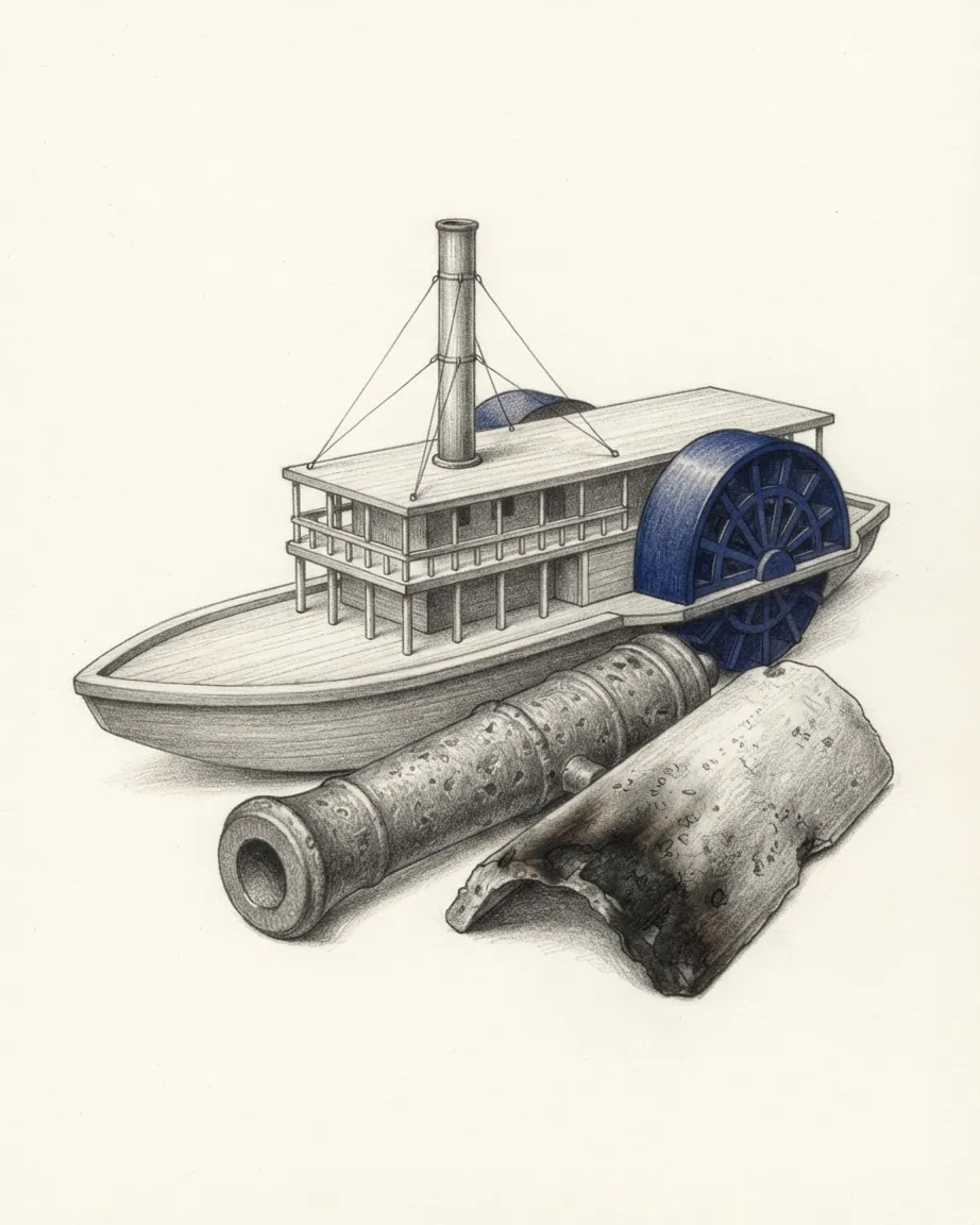 Pencil drawing of a model paddle steamer with a blue paddle wheel and a tall stayed funnel, an old pitted iron cannon lying in front of it and a charred, curled fragment of a handwritten document.