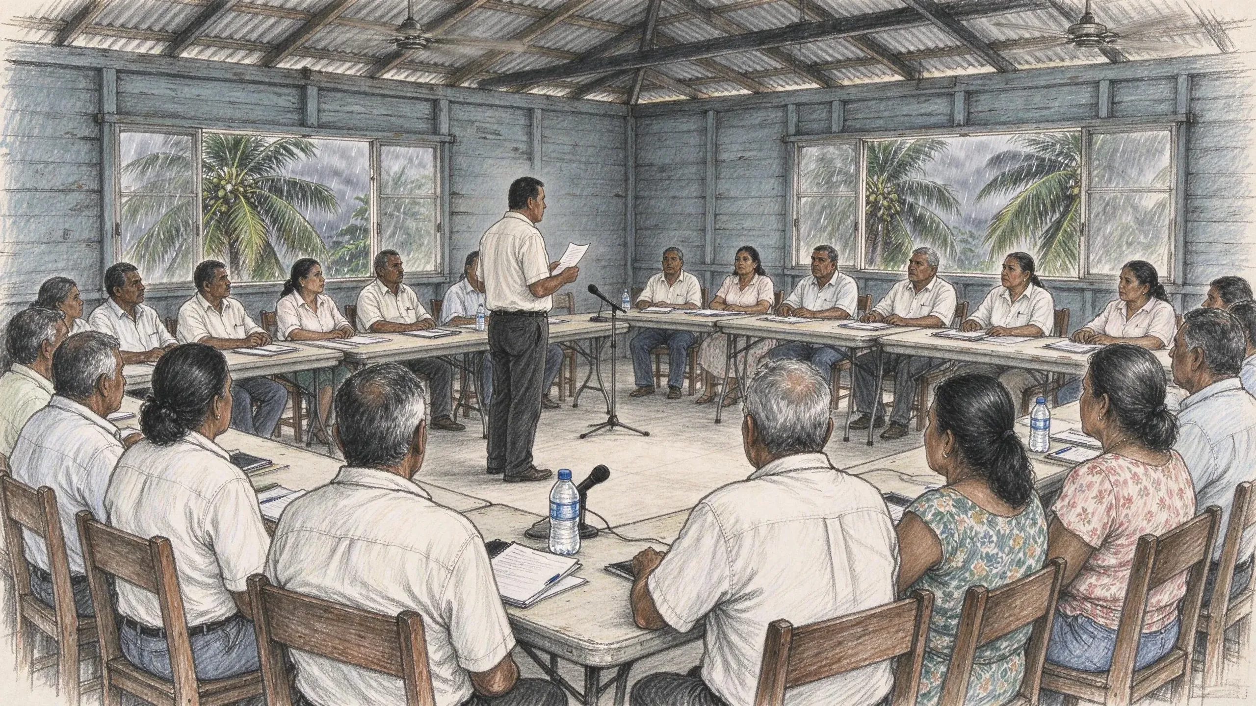 Coloured pencil drawing of a man in a white shirt reading from a sheet to delegates seated around folding tables in a wooden hall with a tin roof, microphones and water bottles on the tables and rain falling on palm trees outside the windows.