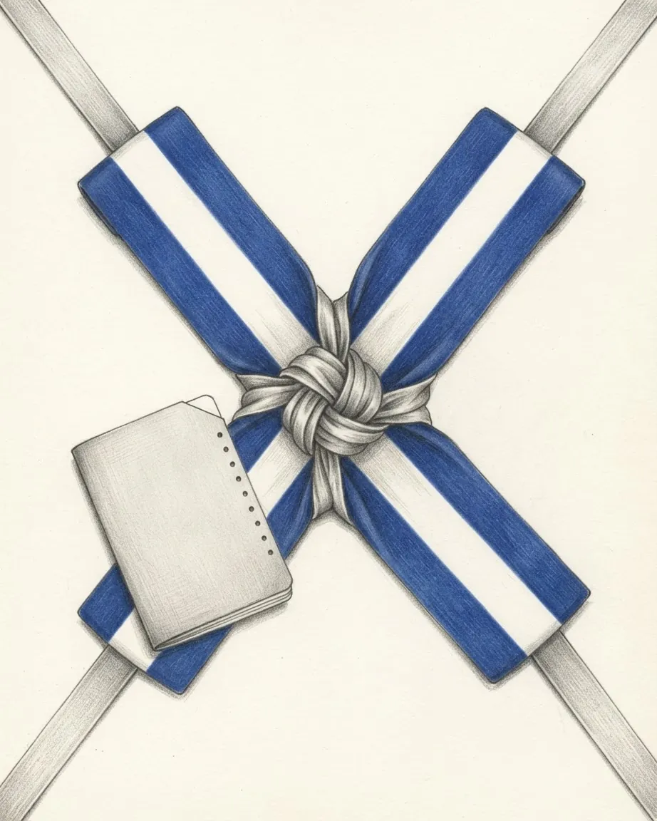Pencil drawing of two blue and white striped sashes crossed in an X and bound with a knot at the centre, laid over two grey straps, with a blank folded booklet punched along one edge across the lower left.