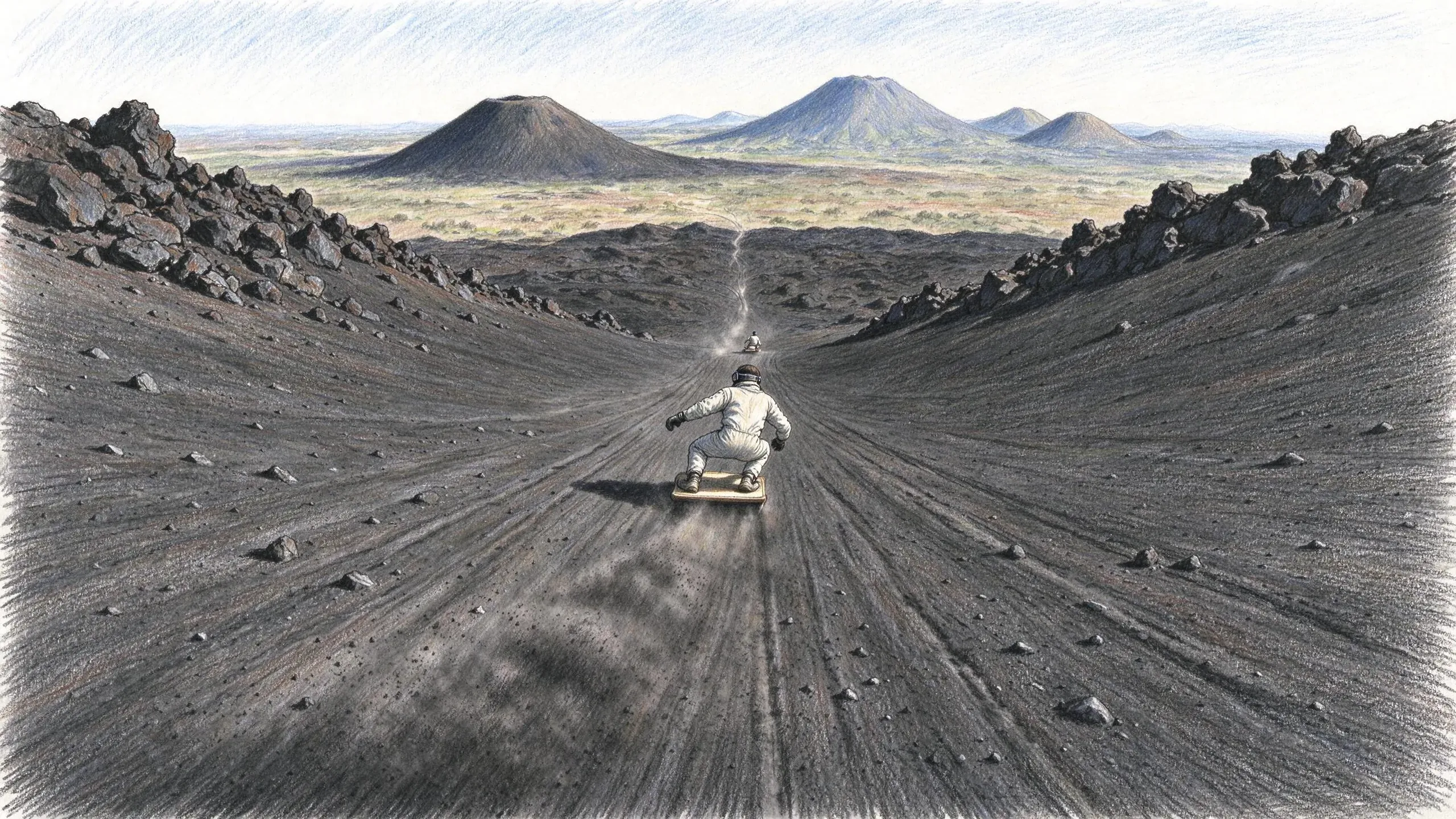 Coloured pencil drawing of a rider in a white suit and goggles crouched on a wooden board sliding down a slope of black volcanic gravel between lava boulders, another rider far below, and volcanic cones across the plain beyond.